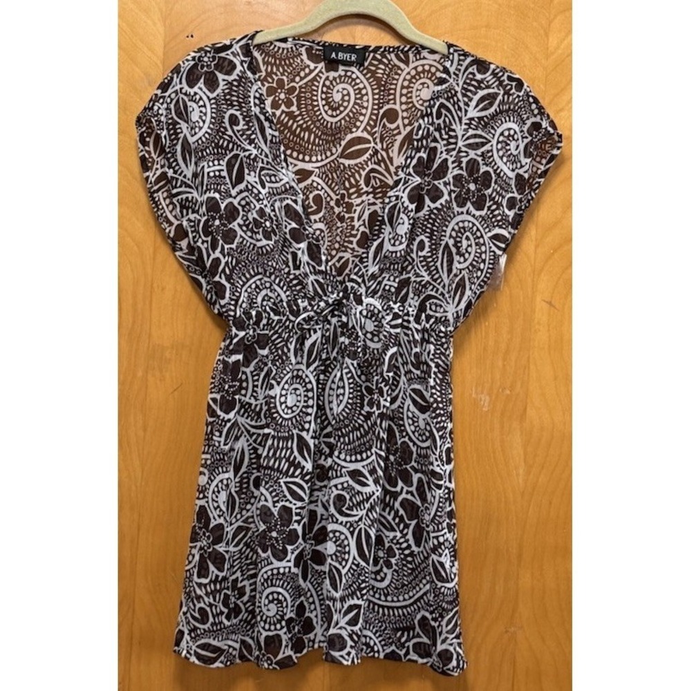 Vintage A.Byer Womens Sheer Cinch Waist Babydoll Top Garden Fairy Whimsy Brown L